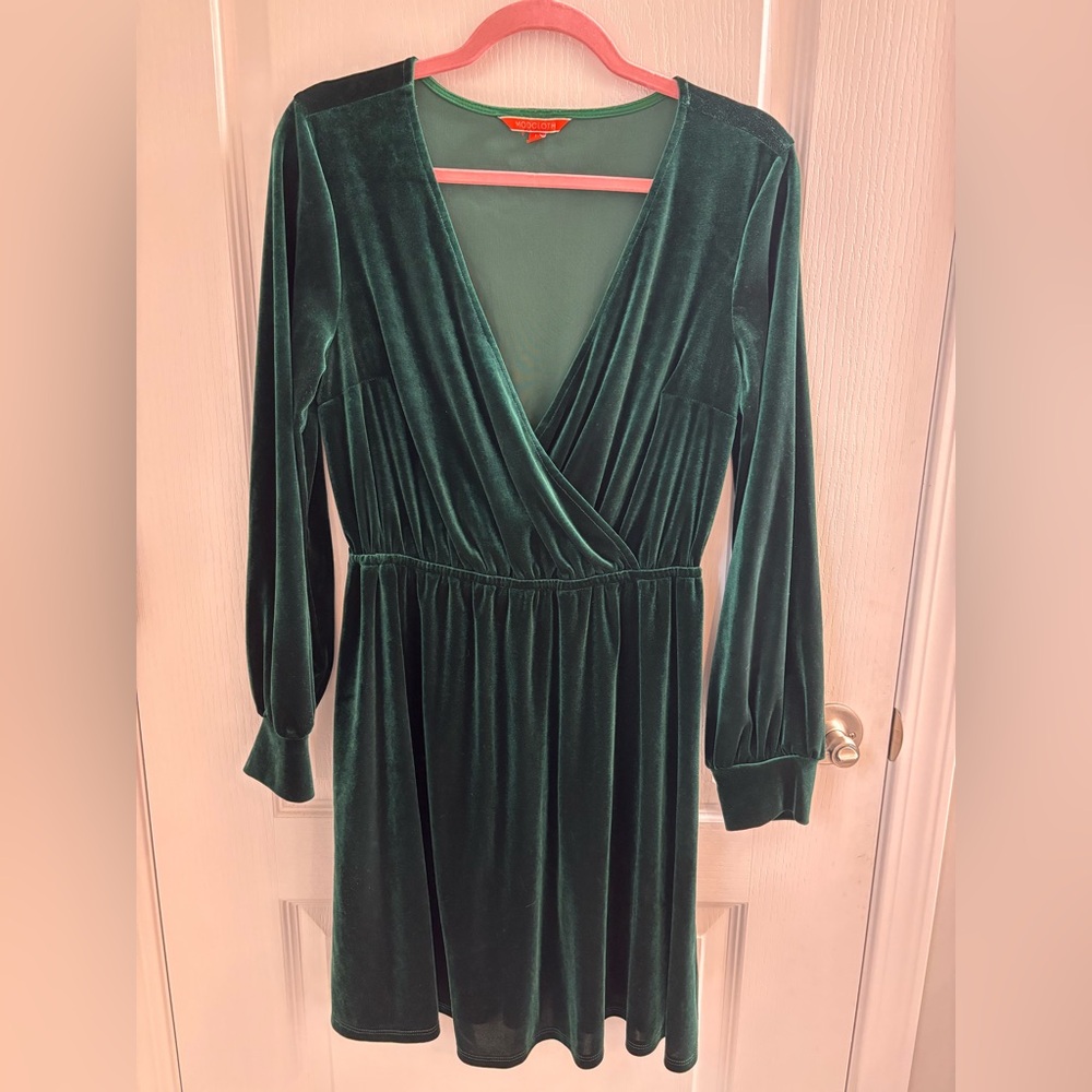 Modcloth Green Wrap Velvet Dress with Bishop Sleeves